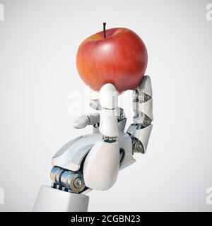 Roboterhand mit einem Apfel 3d-Rendering, gmo-Konzept, Automatisierungskonzept Stockfoto