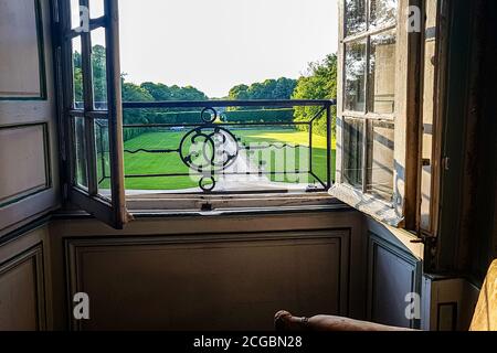 Blick auf den regulären Park durch ein Fenster mit Bars. Sommer Stockfoto