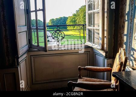 Blick auf den regulären Park durch ein Fenster mit Bars. Sommer Stockfoto