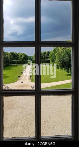 Blick auf den regulären Park durch ein Fenster mit Bars. Sommer Stockfoto