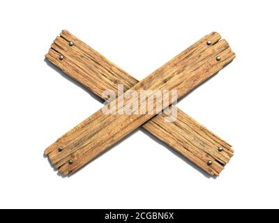 Zwei gekreuzte Holzplanken auf weißem Hintergrund 3d-Rendering genagelt. Schild außer Betrieb, Symbol für verbotenen Eingang Stockfoto