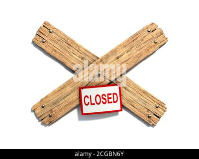 Zwei gekreuzte Holzplanken auf weißem Hintergrund 3d-Rendering genagelt. Schild außer Betrieb, Symbol für verbotenen Eingang, geschlossenes Schild Stockfoto