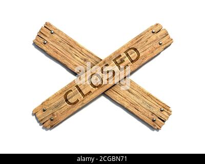 Zwei gekreuzte Holzplanken auf weißem Hintergrund 3d-Rendering genagelt. Schild außer Betrieb, Symbol für verbotenen Eingang, geschlossenes Schild Stockfoto