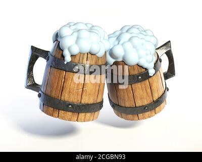 Ein paar Holzbecher, Tankards, die einen Toast machen. 3D-Rendering für Bierspritzer Stockfoto