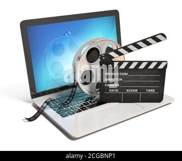 Laptop mit Filmrolle und Filmklapper, Video oder Film online Internet-Konzept 3d-Rendering Stockfoto