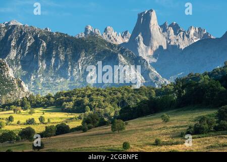 Naranjo de Bulnes, bekannt als PICU Urriellu, vom Aussichtspunkt Pozo de la Oracion im Nationalpark Picos de Europa, Asturien in Spanien Stockfoto