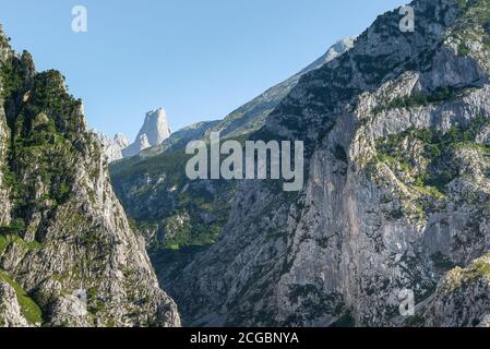 Naranjo de Bulnes, bekannt als PICU Urriellu, aus dem Dorf Camarmeña im Nationalpark Picos de Europa, Asturien in Spanien Stockfoto