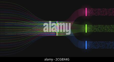 Big-Data-Visualisierung. Analyseprozess. Eine Sortiermaschine mit binärem Code. Konzept der Informationsanalyse. Informationsstrom. Wissenschaft, Technologie Stock Vektor