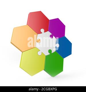 Sechseckiges 3d Puzzle auf weißem Hintergrund Stockfoto