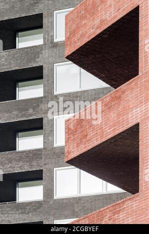 Hoxton Press ist ein Wohnprojekt an der südwestlichen Ecke des Colville Estate, einer Wohnsiedlung in Hackney, East London. Die beiden Wohntürme von David Chipperfield Architects, jeweils 16 und 20 Stockwerke, sind Teil dieses Masterplans und wurden von Anthology in Auftrag gegeben. Das Projekt wurde Ende 2018 abgeschlossen. Hoxton, London, Großbritannien. Stockfoto