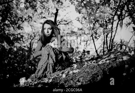 Junge Frau im Vintage-Kleid auf einem Waldstein an Herbst Saison Sonnenuntergang Hintergrund Stockfoto