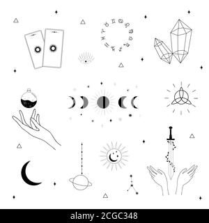 Vektor Witch magische Design-Elemente gesetzt. Handgezeichnete, Doodle, Skizze Zauberer Sammlung. Hexerei Symbole. Perfekt für Logo, Tattoo, Textil, Karten Stock Vektor