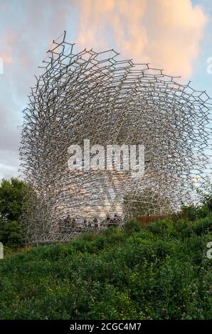 The Hive, eine hoch aufragende Maschenstruktur in Kew Gardens, die einen echten Bienenstock darstellt, einen ineinandergreifenden Rahmen. Stockfoto