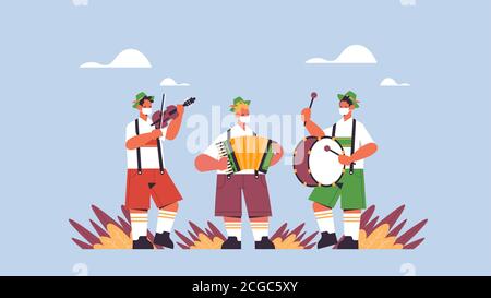 Musiker spielen Musikinstrumente auf Volksfest Oktoberfest Party Feier Konzept Performer in deutscher traditioneller Kleidung mit Spaß in voller Länge Horizontale Vektordarstellung Stock Vektor