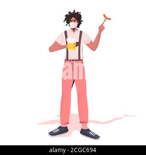 Mann in medizinischer Maske hält Bierkrug und Wurst Oktoberfest Party Feier Coronavirus Quarantäne Konzept Kerl in deutscher traditioneller Kleidung Vektordarstellung in voller Länge Stock Vektor