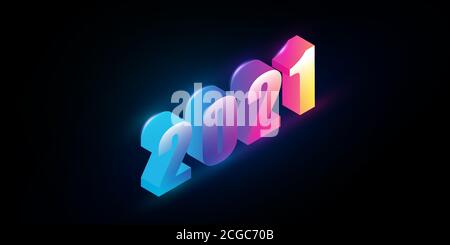 2021 Neujahrshintergrund mit bunt leuchtenden isometrischen Zahlen auf Schwarz Stock Vektor