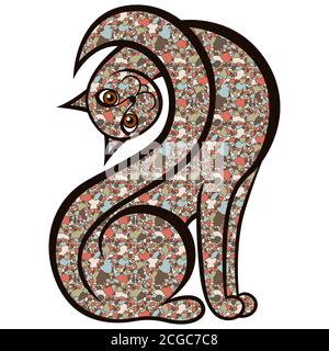 Interessante und verspielte Katze mit Kopf zur Seite geneigt mit Körper aus bunten gedämpften Mosaikformen auf weißem Hintergrund isoliert, Vektor-illus zusammengesetzt Stock Vektor