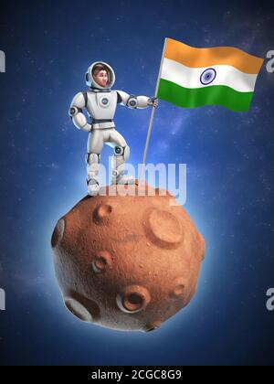 astronaut auf Meteor mit der Indien-Flagge Stockfoto