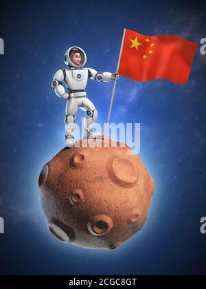 astronaut auf Meteor mit der chinesischen Flagge Stockfoto
