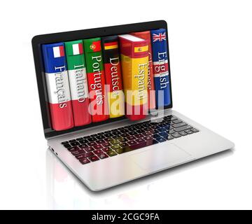 E-Learning - Sprachen lernen Online-Konzept, Laptop mit Büchern 3d-Rendering Stockfoto