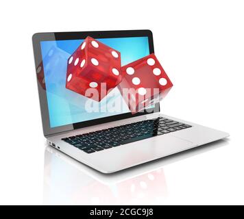 Online Glücksspiel 3d Konzept, Laptop und Würfel Stockfoto