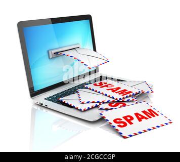 Spam E-Mail 3d Konzept - Briefumschläge und Laptop Stockfoto