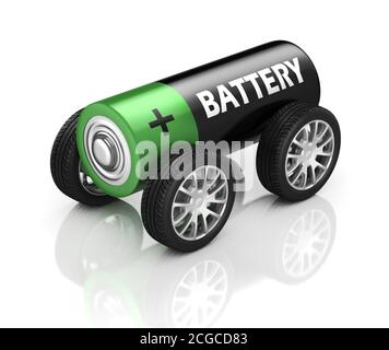 Elektroauto 3d Konzept - Batterie auf Rädern Stockfoto