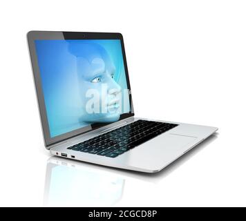 Menschliches Gesicht, das den Computerbildschirm verlässt Stockfoto