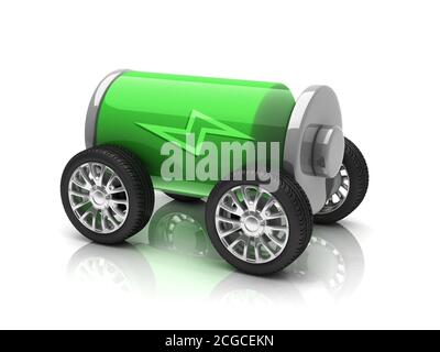 Elektroauto 3d Konzept, Batterie auf Rädern Stockfoto
