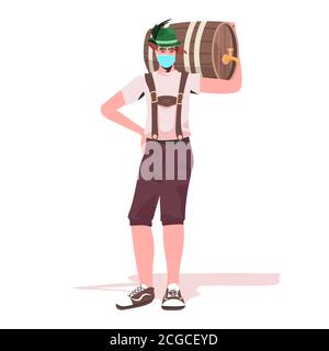 Mann in medizinische Maske hält Bier Fass Oktoberfest Party Feier Coronavirus Quarantäne Konzept Kerl in deutscher traditioneller Kleidung voller Länge vektorgrafik Stock Vektor