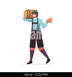 Mann in medizinischer Maske hält Bierfass und Becher Oktoberfest Party Feier Coronavirus Quarantäne Konzept Kerl in deutscher traditioneller Kleidung Vektordarstellung in voller Länge Stock Vektor