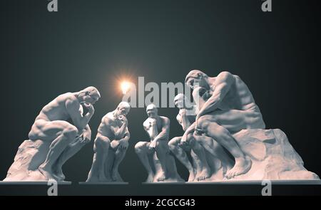 Team von Denkern und einer von ihnen hat eine glühende Glühbirne über seinem Kopf als Symbol für ein Neue Idee Stockfoto