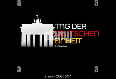 Nationalfeiertag Deutschland. Deutsche Flagge mit weißem Hintergrund, Brandenburger Tor und Nationalfarben. Vereinheitlichung. Text: Tag der Einheit Deutschland. Stockfoto