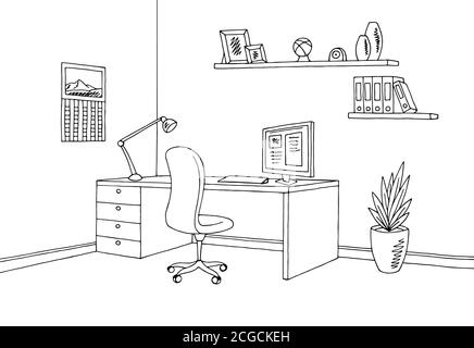 Office Grafik schwarz weiß Innenraum Skizze Illustration Vektor Stock Vektor