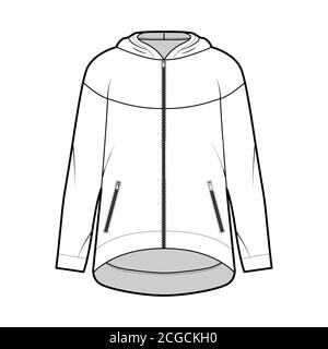 Reißverschluss Oversized Baumwoll-Fleece Hoodie technische Mode Illustration mit Reißverschluss Paspeltaschen, lockere Passform, lange Ärmel. Flache Jumper Schablone vorne, weiß. Damen Herren Unisex Sweatshirt TOP CAD Stock Vektor