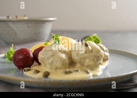 Gekochte Fleischbällchen in weißer Soße mit Kapern, in Deutschland Königsberger Klopse genannt, traditionelles Gericht mit Rote Beete Kartoffeln und Petersilie garnieren auf einem Stockfoto