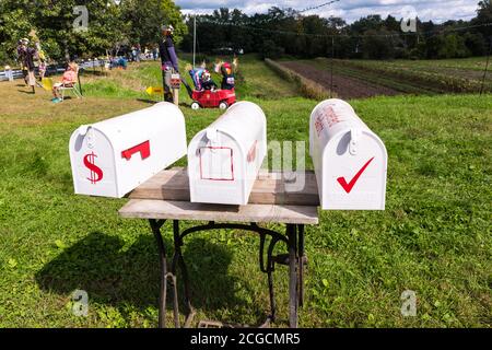 Scarecrow Design-Wettbewerb auf lokaler Farm, um Geld zu sammeln, um die National Alliance auf psychische Erkrankungen zu profitieren. Stockfoto