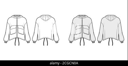 Kapuzenjacke mit Reißverschluss und Panel-Design, technische Mode-Illustration mit praktischen Pattentaschen, übergroßen, langen Ärmeln und Kordelzug am Saum. Flache Mantelschablone vorne, Rückseite weiß, graue Farbe. Frauen, Männer TOP CAD Stock Vektor