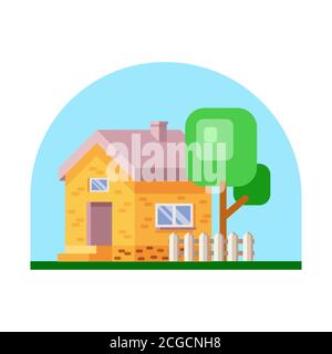 Farbiges Haus außen. Vektorgrafik. Symbol „Haus“. Fassade des Hauses mit Bäumen auf weißem Hintergrund. Stock Vektor