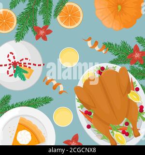 Weihnachten Abendessen. Flach mit der Türkei mit Preiselbeeren, Kürbiskuchen, Champagner, Tannenzweigen und Geschenke. Christmas Party Poster. Stock Vektor