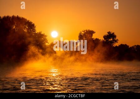 Köln Deutschland rheinfluß Sonnenaufgang mit Nebel und Nebel Am Morgen Stockfoto