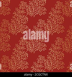 Jacquard-Effekt wild Wiese Gras nahtlose Vektor-Muster Hintergrund. Gold und rot Metallfolie Effekt Hintergrund der Blätter, geometrische Damast-Design Stock Vektor