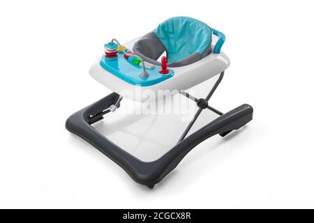 Moderne Baby-Walker mit Spielzeug isoliert auf weiß Stockfoto