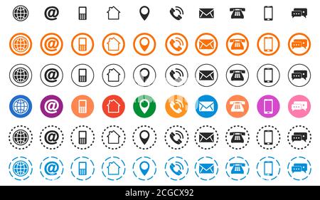 Kontaktieren Sie uns Symbole gesetzt. Vektorgrafik. Symbole für soziale Netzwerke in flachem Design. Kommunikationssymbole isoliert. Smartphone, mobil, Positionsnadel, Stock Vektor