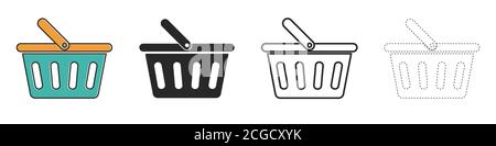 Set mit Warenkorbsymbolen. Warenkorbsymbol in flachem Design. Vektorgrafiken. Schwarze Symbole isoliert. Stock Vektor