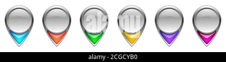 Positionsstiftsymbole festgelegt. Farbige Navigationssymbole. Symbole für Kartenzeiger isoliert. Vektorgrafiken. Stock Vektor