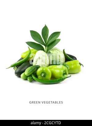 Grünes Gemüse: Kohl, Gurken, Paprika, Zucchini und ein grüner Zweig mit Blättern auf weißem Hintergrund. Stockfoto