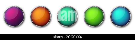 Knöpfe mit Chromrahmen. Vektorgrafik. Verchromte Rahmenschaltflächen. Satz von bunten runden Knöpfen Stock Vektor