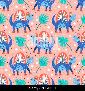 Kleine niedliche blaue Dinosaurier und Palmblätter. Prähistorische Tiere. Jurassic Welt. Paläontologie. Reptil. Archäologie. Flache Cartoon bunte Vektor Hand Stock Vektor