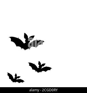 Schwarze Silhouetten von Fledermäusen. Höhle schwarze Fledermäuse Gruppe auf weißem Halloween Hintergrund. Silhouetten der fliegenden Fledermäuse traditionelle Halloween-Symbole auf weiß Stockfoto